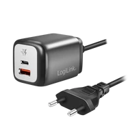 Logilink Kettős USB-csatlakozós adapter, GaN, 1x USB-A, 1x USB-C, 30 W, rögzített kábel