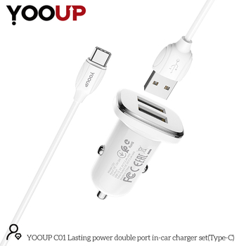 YOOUP C01 Lasting Power kettős portos autós töltőkészlet (C típus, fehér)