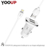 Kép 1/4 - YOOUP C01 Lasting Power kettős portos autós töltőkészlet (Lightning, fehér)